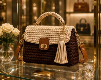 Two-Tone Crochet Handbag Pattern PDF | T-shirt Yarn Purse with Flap Turn Lock Handle & Strap | Intermediate | Digital Download
