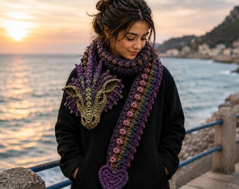Crochet Dragon Scarf Pattern PDF | Fantasy Dragon Head Scarf with Wings Spikes & Heart Tail | Wearable Amigurumi | Digital Download