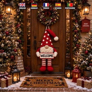 Häkelanleitung für einen Weihnachtswichtel-Türhänger (PDF), Amigurumi-Willkommensschild-Tutorial, Weihnachtsdeko im Landhausstil, Sofort-Download
