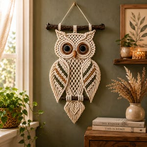 May include: A macrame owl wall hanging crafted from cream-colored cord, featuring large dark circular eyes with wooden rings, a pointed wooden beak, and wings detailed with accents of olive green and mustard yellow yarn, suspended from a dark branch.