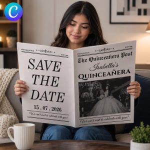 May include: A newspaper-style announcement with the headline "SAVE THE DATE" and the date "15.07.2026". The newspaper also features the headline "The Quinceañera Post" and the name "Isabella's QUINCEAÑERA". The image includes a photo of a woman in a formal gown.