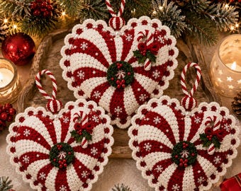 Peppermint Heart Crochet Pattern, Beaded Candy Cane Christmas Ornament, Snowflake Holly Wreath, Digital Download