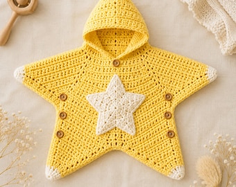 Crochet Star Baby Bunting Pattern PDF, Hooded Newborn Cocoon, Button-Up Starfish Baby Costume, Infant Photo Prop, Newborn Photo Prop
