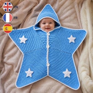 Modello PDF per ghirlanda di stelle all'uncinetto per neonati, bozzolo a stella con cappuccio, fascia portabebè con bottoni, accessorio per foto di neonati, regalo per baby shower, 0-9 mesi,