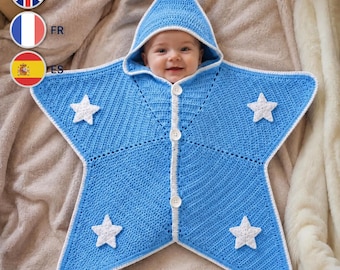 Crochet Baby Star Bunting Pattern PDF, Hooded Star Cocoon, Button-Up Infant Wrap, Newborn Photo Prop, Shower Gift, 0-9 Months,