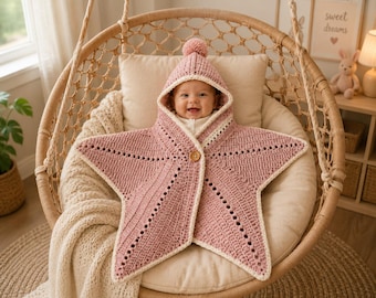 Crochet Baby Star Suit PATTERN | Hooded Star Cocoon with Eyelet Lace & Pom-Pom | Newborn Photo Prop | PDF Digital Download