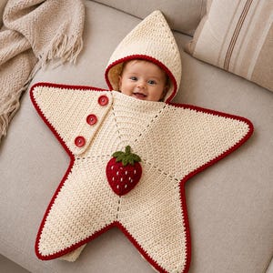 Op de afbeelding: Een crèmekleurige, gehaakte baby-inwikkeldeken in de vorm van een ster met een capuchon. De deken is voorzien van een rode gehaakte aardbei-applicatie, een rode rand langs de zijkanten en drie rode knopen op een van de punten om te sluiten.