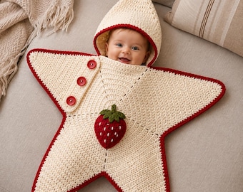 Crochet Star Baby Bunting Pattern PDF | 0–6 Months Strawberry Hooded Baby Cocoon Pattern | Star Baby Wrap |Newborn Sleep Sack, PDF Download