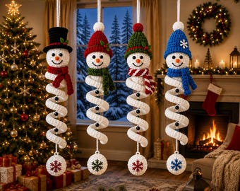 4-in-1 Spiral Snowman Ornament Crochet Pattern PDF, Top Hat, Red Green Blue Beanie Styles, Corkscrew Christmas Decor, Digital Download