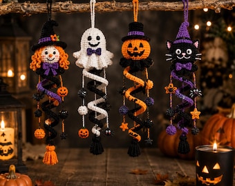 4 in 1 Halloween Crochet Spiral Pattern PDF | Witch Ghost Pumpkin Black Cat Hanging Ornaments | Instant Download Pattern