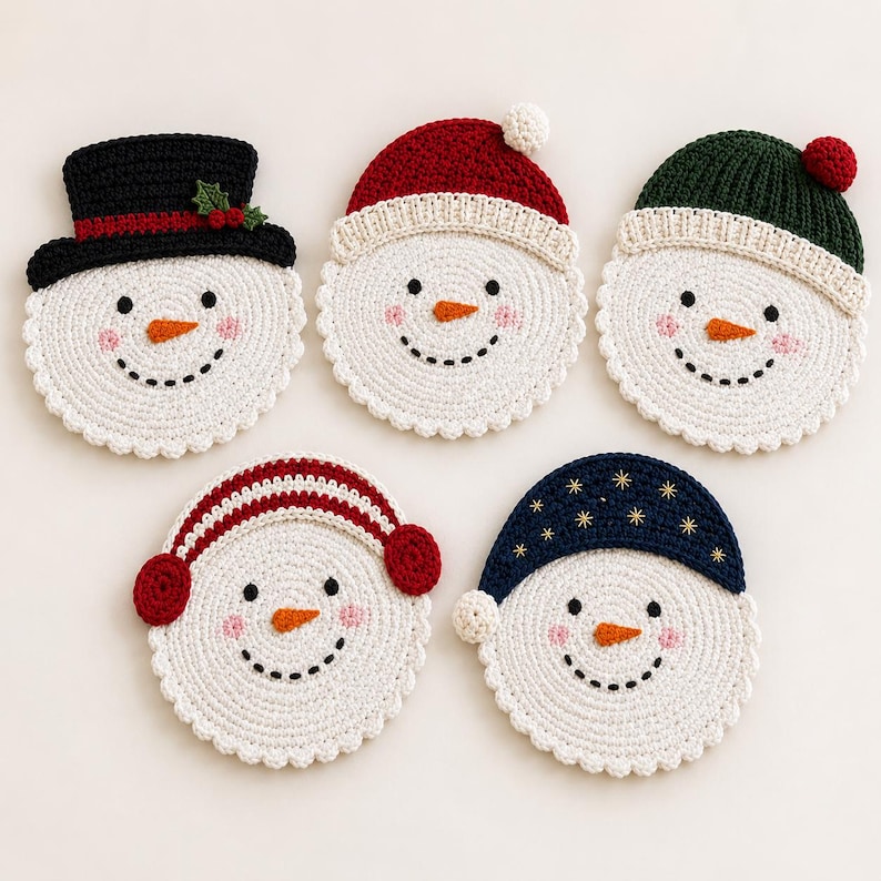 May include: Five circular crochet snowman coasters with white faces, orange carrot noses, black dotted mouths, and pink cheeks. Each wears a different hat: a black top hat with holly, a red beanie, a green beanie, red earmuffs, or a navy blue star-patterned cap.