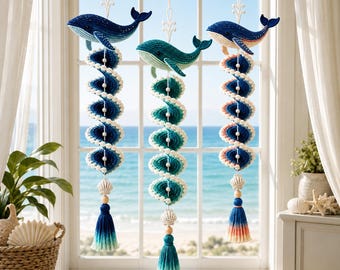 Crochet Whale Wind Spinner Pattern PDF, 3 Coastal Designs, Ocean Wave Crochet Wall Hanging, Beach House Decor, Instant Digital Download