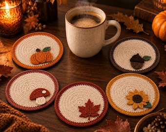 Autumn Coaster Crochet Pattern PDF, Pumpkin Acorn Maple Leaf Mushroom Sunflower, Fall Mug Rug Thanksgiving Table Decor