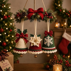 May include: Three hanging crochet bells suspended from a pine branch with a red bow. The left bell is cream with a red bow and holly, the center is red with a white poinsettia, and the right is green with a white snowflake and red bow.