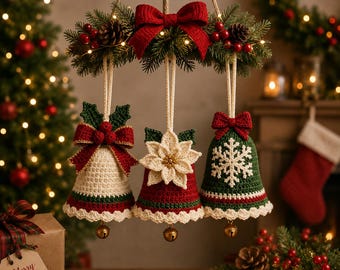 3-in-1 Crochet Christmas Bell Ornament PATTERN (PDF) - Bow, Poinsettia & Snowflake Designs - Gold Jingle Bell, Digital Download