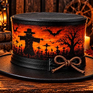 Orange Scarecrow Graveyard Leather Top Hat, Gothic Spooky SunsetTop Hat with Rope Bow  Halloween Pumpkin Patch Costume Accessories Party Hat