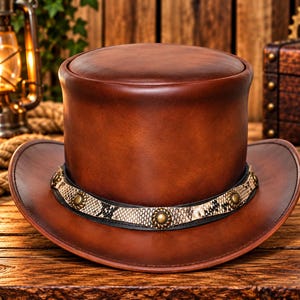 Bruine leren hoge hoed met slangenleren band - Echte leren steampunk hoge hoed - Cognac exotische pythonprint gotische gokkershoed voor mannen en vrouwen