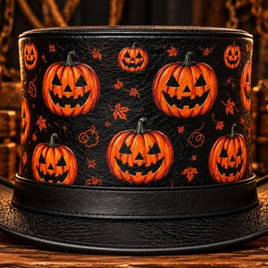 Puede incluir: Un sombrero de copa negro con un patrón repetitivo de calabazas de Halloween naranjas y pequeñas hojas de arce rojas. El sombrero tiene un acabado texturizado similar al cuero, ala ancha y una banda negra sólida en la base.