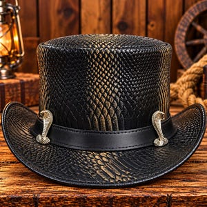 Black & Gold Snakeskin Leather Top Hat - Genuine Leather Steampunk Tophat - Exotic Python Embossed Gothic Hat with Cobra Snake Emblems