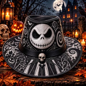 Puede incluir: Un sombrero fedora negro que presenta una cara de calavera blanca con una boca cosida en la parte frontal. El sombrero está decorado con estampados gráficos blancos de murciélagos, telarañas y un pequeño emblema de calavera en la banda negra.