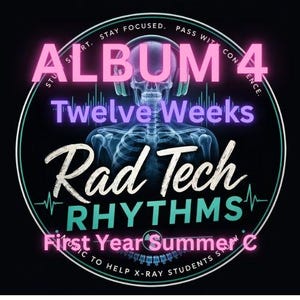 May include: Circular graphic with a black background featuring a neon pink "ALBUM 4" and "First Year Summer C" text. The image includes a stylized skeleton wearing headphones, with the words "Twelve Weeks" and "Rad Tech Rhythms".