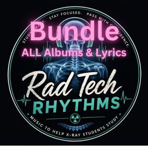 May include: A circular graphic with a black background features a neon pink "Bundle" text above "ALL Albums & Lyrics". Below, "Rad Tech Rhythms" is written in white and teal. The image includes a stylized human skeleton wearing headphones.