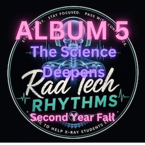 Può includere: Grafica circolare su sfondo nero con testo rosa "ALBUM 5". È visibile uno scheletro stilizzato con le cuffie. Sono presenti anche i testi "The Science Deepens Rad tech Rhythms" e "Second Year Fall".