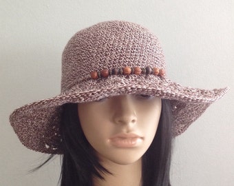 Hand Crocheted Cotton Sun Hat: Wide Brim, Beaded Beachwear