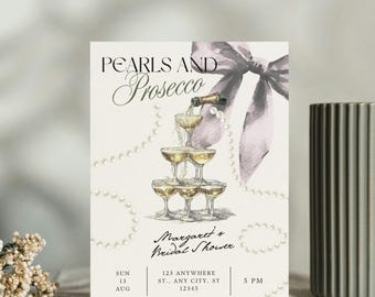 Pearls and Prosecco Bridal Shower Invitation, Elegant Champagne Bridal Shower Invite, Bow Bridal Shower, Editable Canva Template
