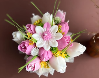 Bouquet di candele a forma di tulipano in cera di soia / Composizione floreale rosa, decorazioni per matrimoni