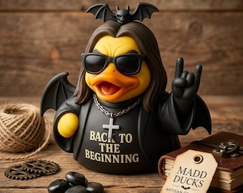 Juguete artístico de pato de goma Príncipe de las Tinieblas, figura coleccionable de leyenda del rock, regalo para fans de la música heavy metal, decoración gótica para el hogar, pato inspirado en Ozzy.