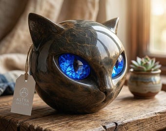 Mystic Black Marble Cat Statue with Glowing Crystal Eyes, Goth Home Decor, Witchy Cat Figurine, Sphynx Cat Art, Unique Housewarming Gift,