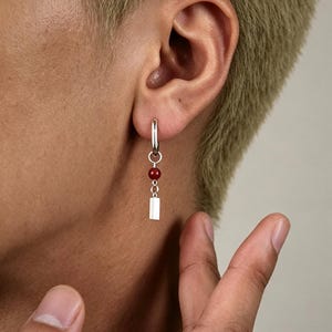 Mens Silver Dangle Hoop, Red Stone Drop Earrings, Minimalist Rectangle Charm, Unisex Gift