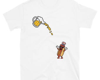 Hotdog Beer Chug Funny Uncle Sam Hotdog Beer 4th of July T-Shirt, Funny Hot Dog Jumping Into Bun, 4th of July Hot Dog, Patriotic BBQ