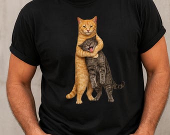 Orange Cat Tight Embrace Meme T-Shirt, Funny Cat Hugging Gray Tabby Tee