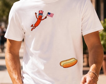 Hotdog Freedom Dive Funny Uncle Sam Hot Dog Jumping Into Bun T-Shirt, Funny Hot Dog Jumping Into Bun, 4th of July Hot Dog, Patriotic BBQ