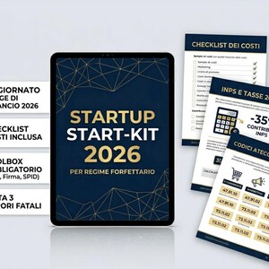 Puede incluir: Un kit de inicio digital para 2026, mostrado en una tableta, con documentos de apoyo. La tableta presenta el texto "STARTUP START-KIT 2026" y otra información. Documentos adicionales incluyen listas de verificación e información financiera.