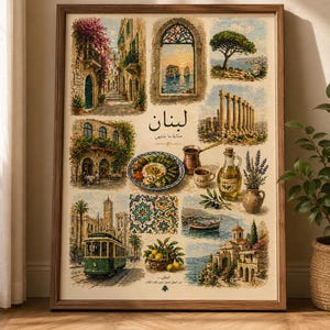 Libanon reiscollageposter, straatbeeld Beiroet, mediterrane culturele kunst (digitale print)