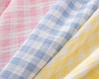 Gingham Muslin Fabric,Cotton Double Gauze Fabric, Soft Checks Crinkle Swaddle Blanket Pajamas Sewing
