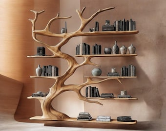 Estantería de madera maciza hecha a mano con forma de árbol / Estante de pared rústico inspirado en la naturaleza