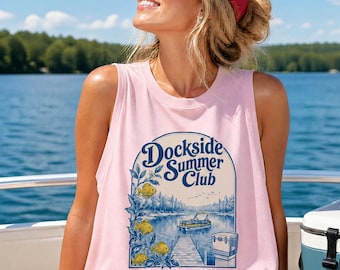 Camisole musculaire Dockside Summer Club | Graphique vintage de quai de bateau au bord du lac