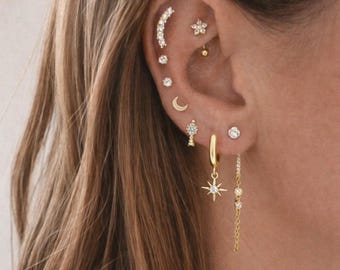 Set of 9 earrings, gold-plated, steel, stainless steel, diamond, hoops