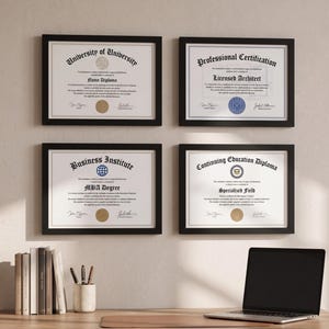 May include: Four black-framed diplomas and certificates displayed on a wall above a desk. The documents include University of University Name Diploma, Professional Certification Licensed Architect, Business Institute MBA Degree, and Continuing Education Diploma.