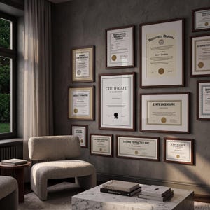 May include: A gallery wall featuring multiple framed professional certificates, diplomas, and licences with gold seals, arranged on a dark grey wall above a white marble coffee table and a cream-coloured upholstered chair in a room.
