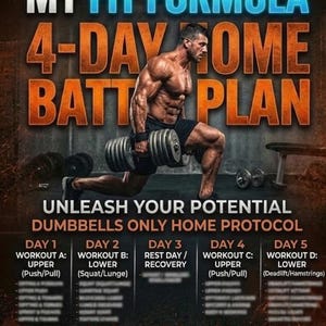 May include: Fitness infographic with the text "MY FIT FORMULA 4-DAY HOME BATTLE PLAN." A muscular man is shown exercising with dumbbells. The plan outlines a 7-day dumbbell-only home workout protocol, detailing exercises for each day, including rest days.