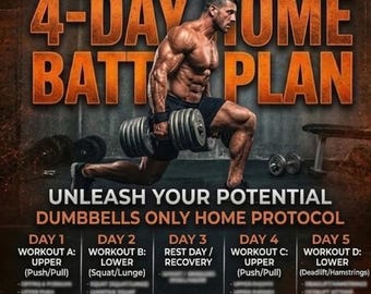 Plan de entrenamiento con mancuernas de 4 días, rutina de ejercicios en casa, división de tren superior e inferior (descarga digital)