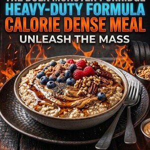 May include: A bowl of oatmeal topped with blueberries, raspberries, nuts, and seeds. The image includes text that reads "FOR GAINING MASS, THE BULK MONSTER PORRIDGE, HEAVY-DUTY FORMULA, CALORIE DENSE MEAL, UNLEASH THE MASS." The macro breakdown is also listed.