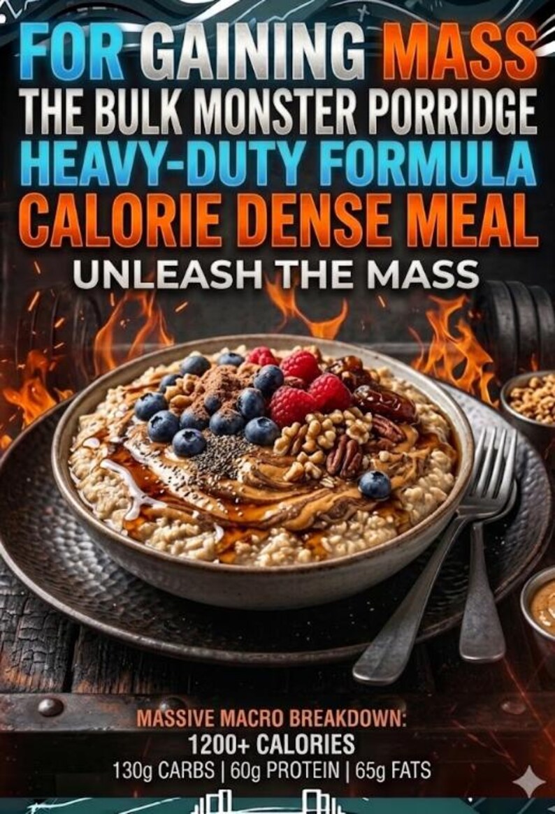 May include: A bowl of oatmeal topped with blueberries, raspberries, nuts, and seeds. The image includes text that reads "FOR GAINING MASS, THE BULK MONSTER PORRIDGE, HEAVY-DUTY FORMULA, CALORIE DENSE MEAL, UNLEASH THE MASS." The macro breakdown is also listed.