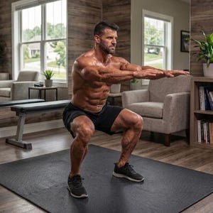 May include: A person is performing a squat exercise on a black exercise mat. The person is wearing black shorts and black athletic shoes. The background includes a window, a bench, a chair, and a bookshelf.