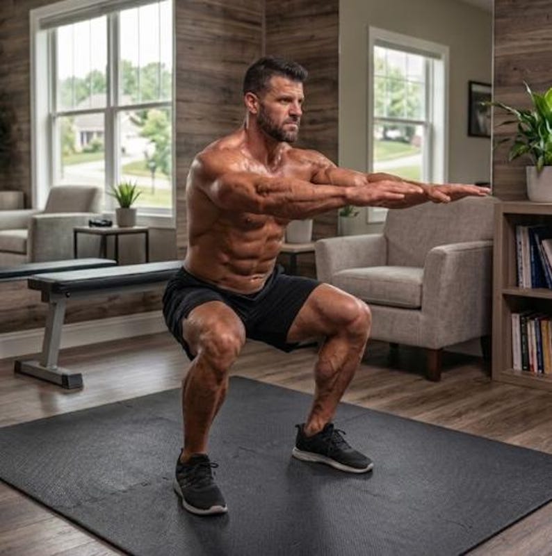 May include: A person is performing a squat exercise on a black exercise mat. The person is wearing black shorts and black athletic shoes. The background includes a window, a bench, a chair, and a bookshelf.